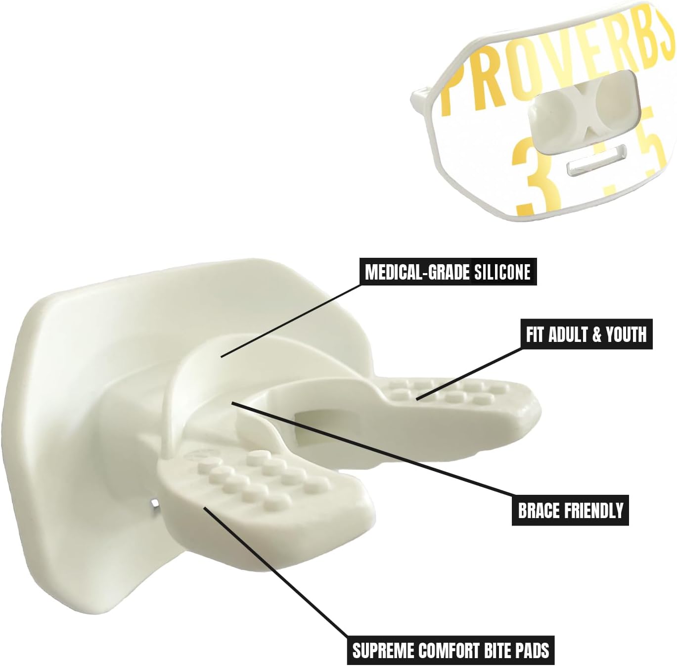 O Shield Mouthguard Proverbs 3:5 Football Vortex Airflow Design, Airtight Fit for Better Breathing, Ergonomic Shock-Absorbing Sports Protector with Strap, Stylish Durable Guard for Athletes, White