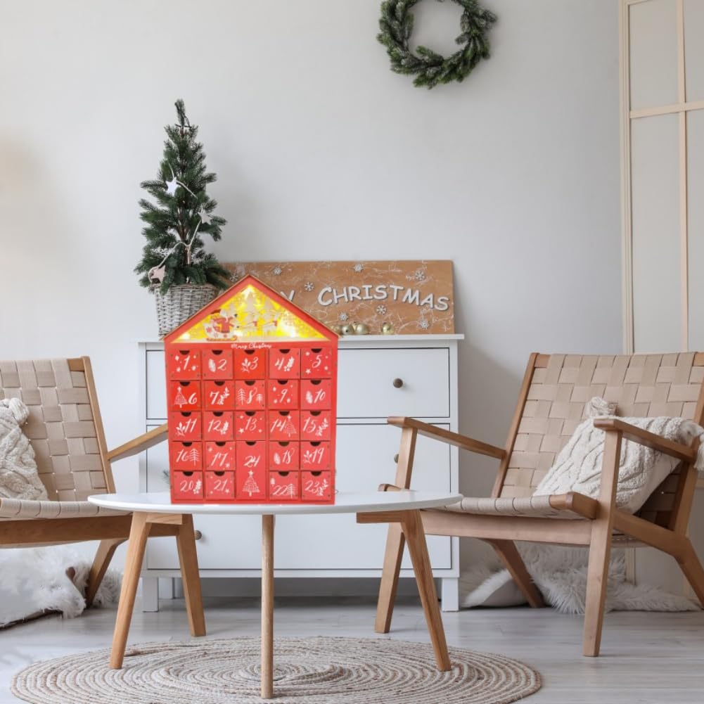 Calendario de Adviento LED de Navidad con 24 cajones de almacenamiento, calendario de Adviento de madera decorado con casa de árbol de Navidad, calendario de cuenta regresiva de Navidad reutilizable,