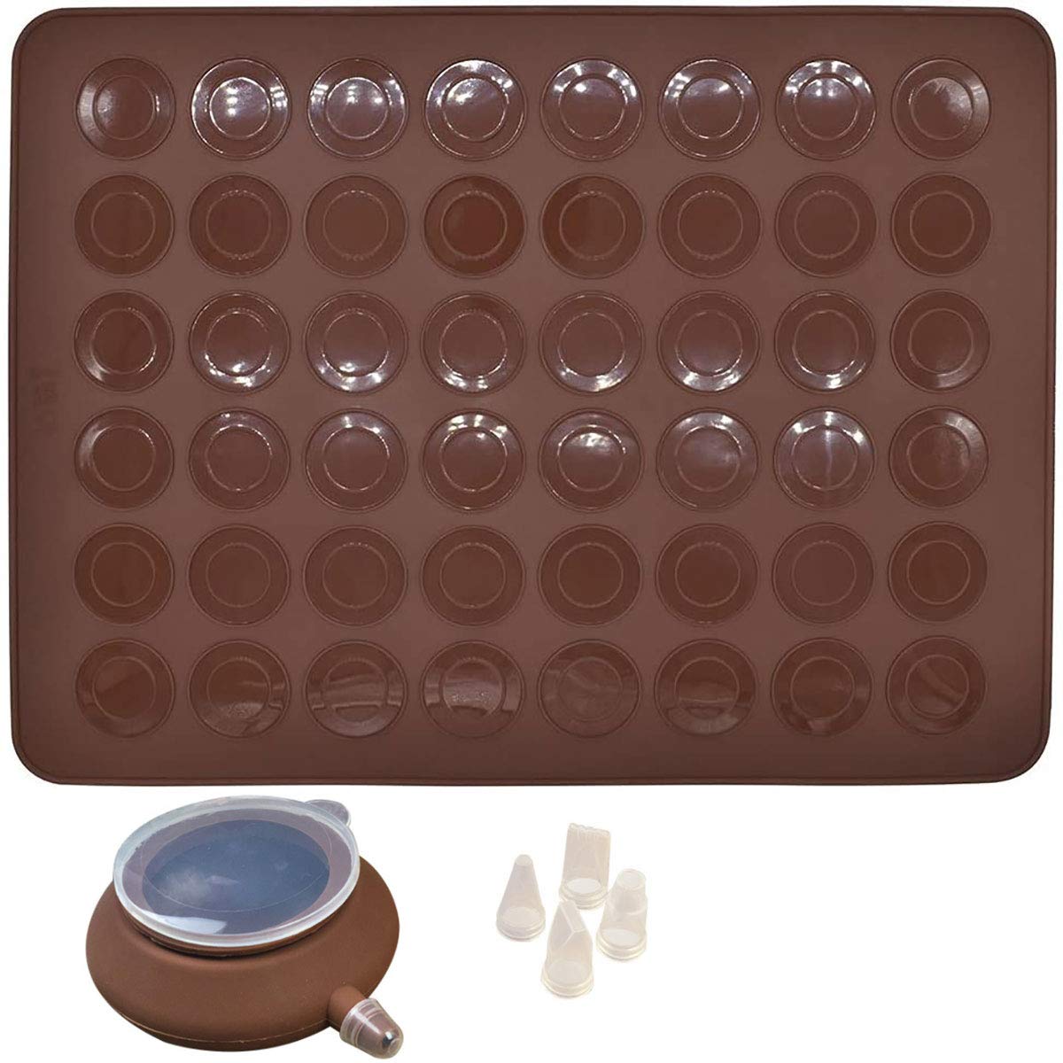 Nonstick Macaron Cakes Mould Set, Silicone Macaron Making Mold Set 48-Capacity, Includes Pastry Baking Mat and Decorating Piping Pot with 4pcs Nozzles