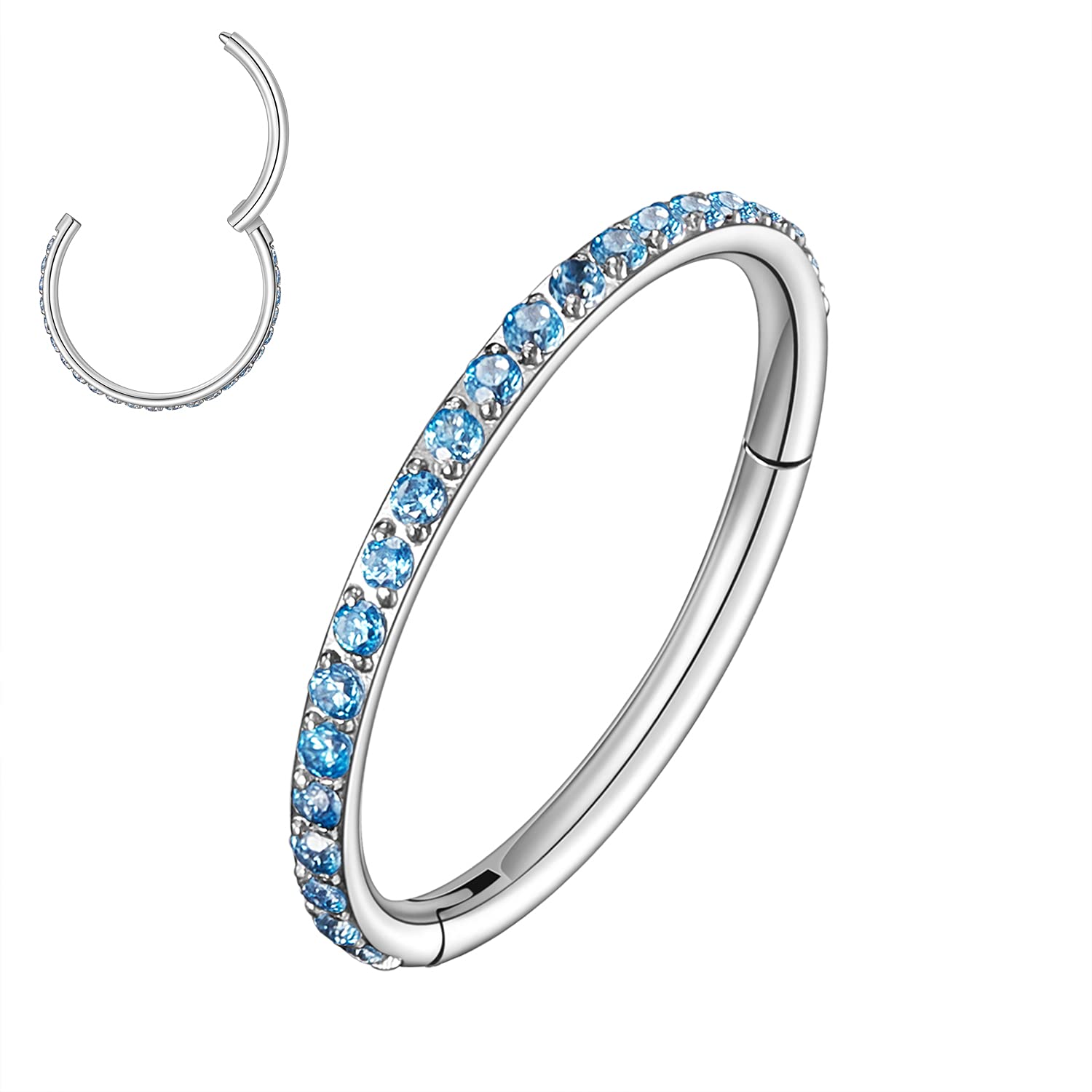 MissNity 20G, 18G, 16G, 14G Hinged Nose Rings Hoop with Gem in 316L Surgical Steel, Septum Clicker Cartilage Earrings Conch Daith Helix Rook Ear Lobe