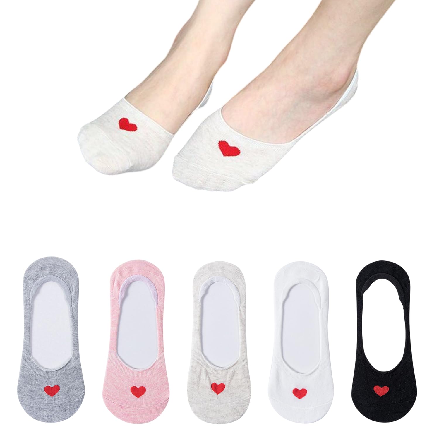momisy Women’s No Show Socks with Red Heart Design Low Cut Invisible Cotton Ballet Socks, Non Slip Liner Socks for Sneakers, Flats & Casual Shoes (Pack of 5)-picture-40