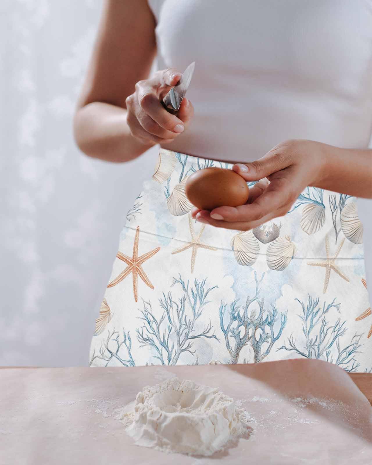 PIEPLE Beach Coastal Server Apron Waitress Aprons with 3 Pockets, Nautical Summer Starfish Coral Sea Half Waist Waiter Aprons Restaurant Chef Aprons for Women Men