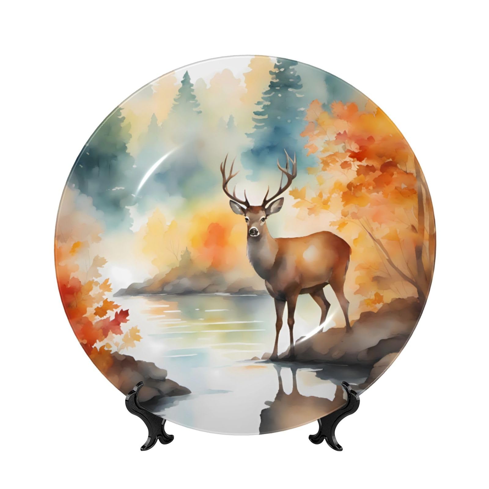 SXZVVBN Deer by the river Bone China Decorative Plate Art with Stand Removable Adhesive Hanging for Home Office 7in
