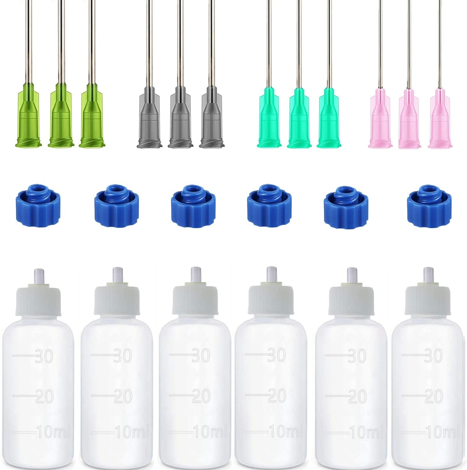 6 Pcs Glue Applicator Bottles, 30ml Plastic Squeezable Dropper Bottles with Blunt Needle Tip 14ga 16ga 18ga 20ga for Glue Applications, Paint Quilling Craft and Oil