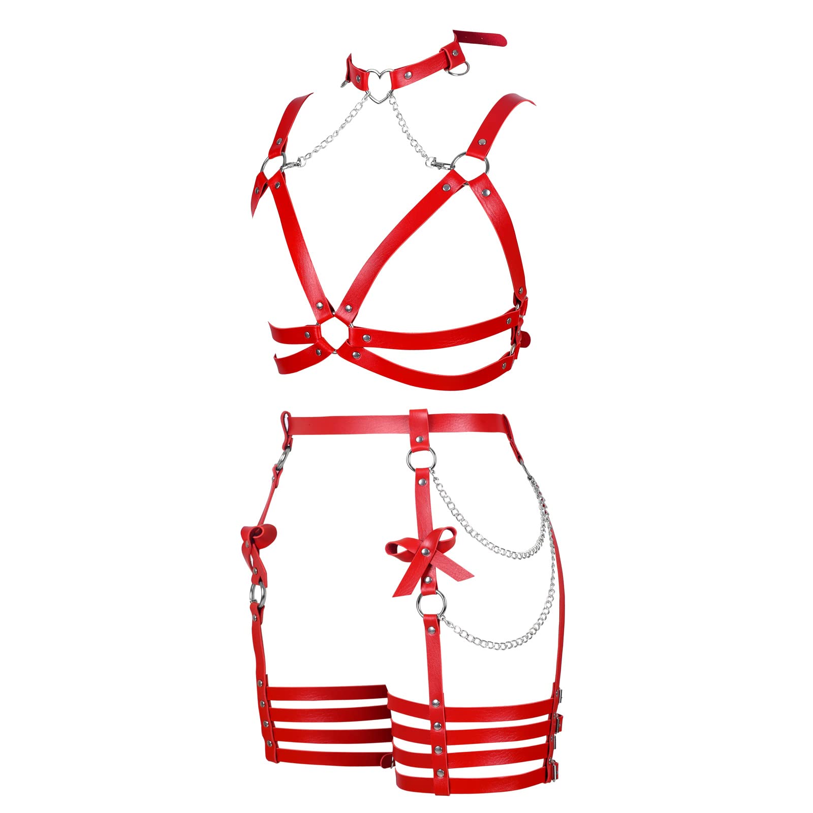 Womens Harness Leather Body Chain Bowknot Lingerie Garter Belts Set Hollow Out Christmas Dance Fashion Clothing: BANSSGOTH Womens Harness Leather Body Chain Bowknot Lingerie Garter Belts Set Hollow Out Christmas Dance Fashion Clothing