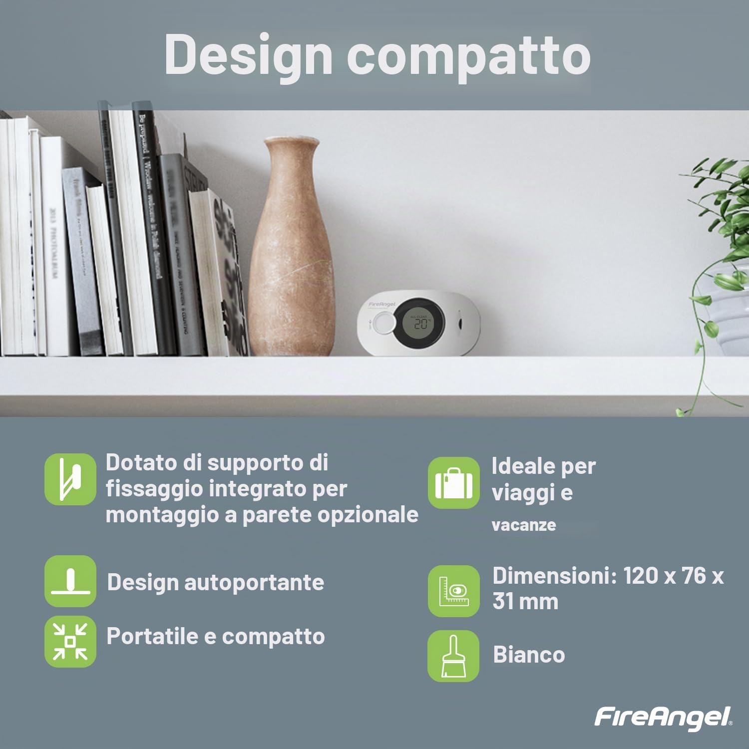 FireAngel FA3322, Rilevatore di Monossido di Carbonio Digitale, Monitor Rilevatore di CO, Sensore di umidità e temperatura Portatile con Batteria 10 Anni, NF certificato