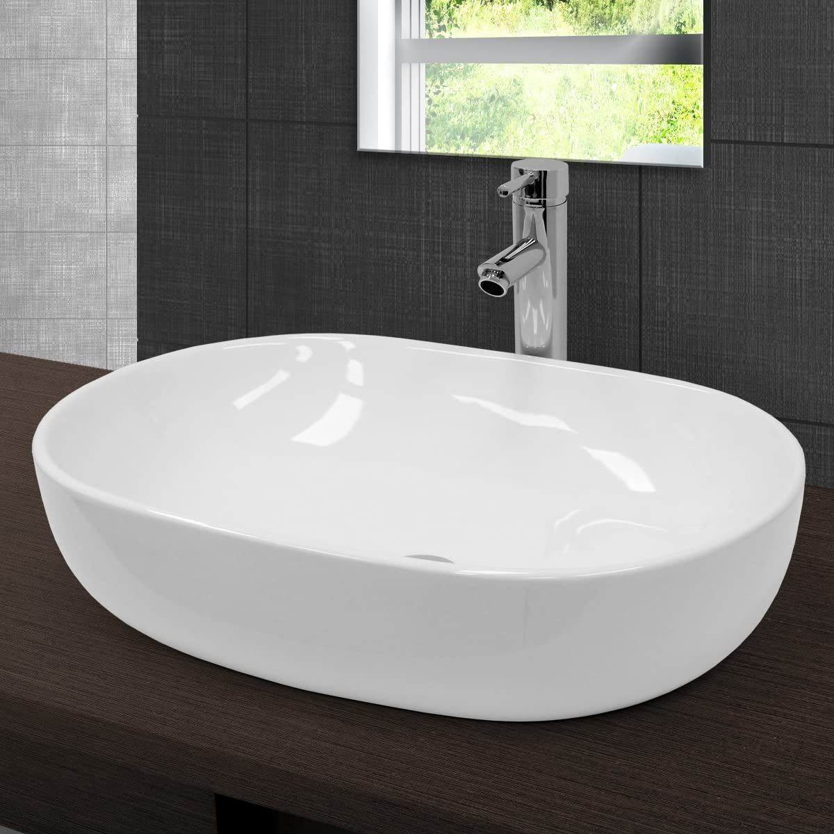 LuxeBath Waschbecken Keramik 600x420x145 mm, oval, Weiß mit Ablaufgarnitur Weiß, Aufsatzwaschbecken für Badezimmer/Gäste-WC, Modernes Aufsatzbecken, Waschtisch Waschschale Waschplatz Handwaschbecken