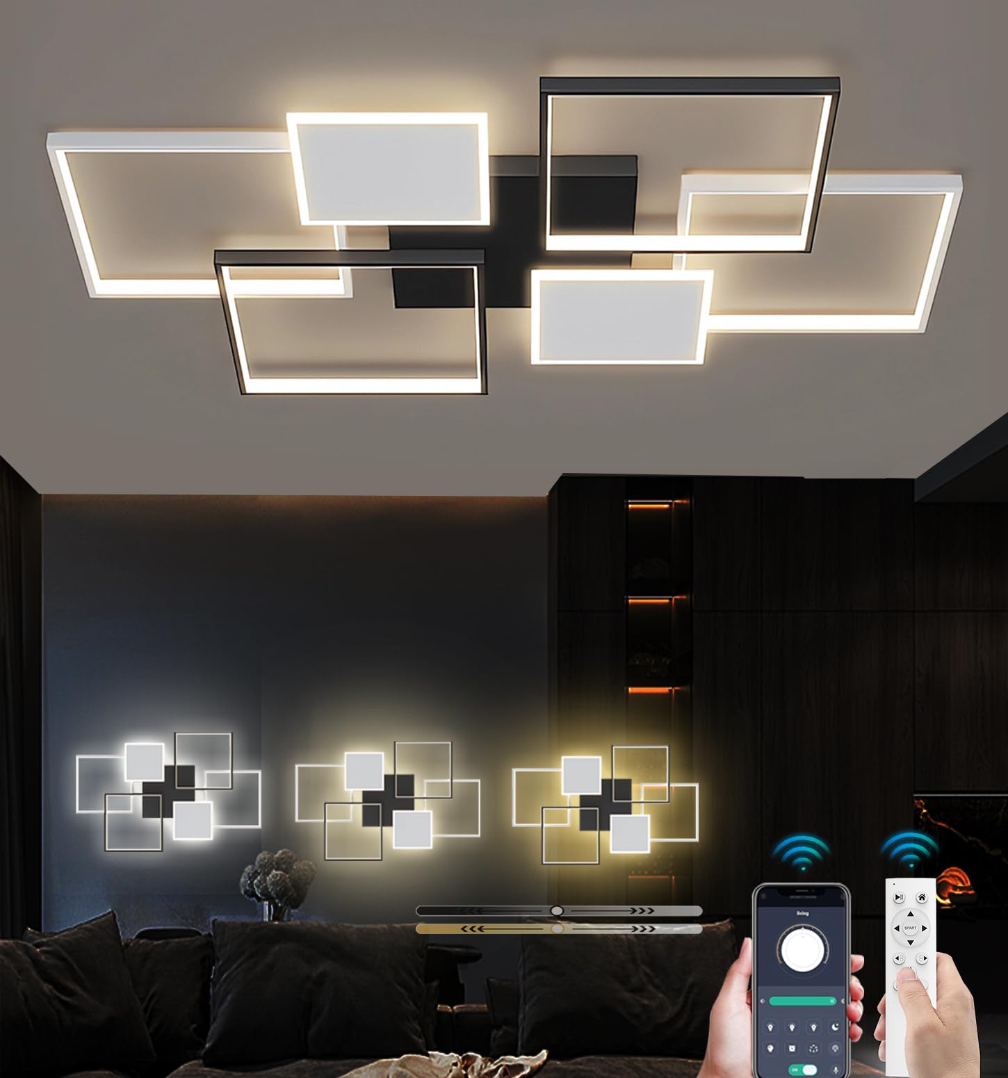 Modern LED Ceiling Light Rectangular Design Dimmable with Remote Control Large Ceiling Lamp Flush Mount Lamp Energy Efficient Ceiling Lighting for Living Room, Bedroom & Kitchen (Black&White, 90cm)