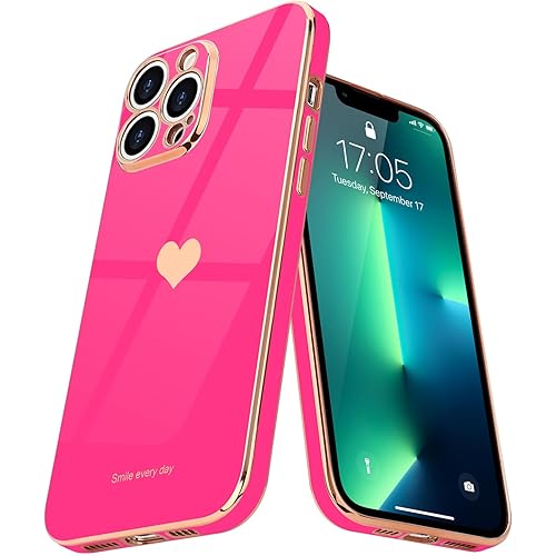 Teageo for iPhone 13 Pro Max Case for Girl Women Cute Love-Heart Luxury Bling Plating Soft Back Cover Raised Camera Protection Bumper Silicone Shockproof Phone Case, Hot Pink