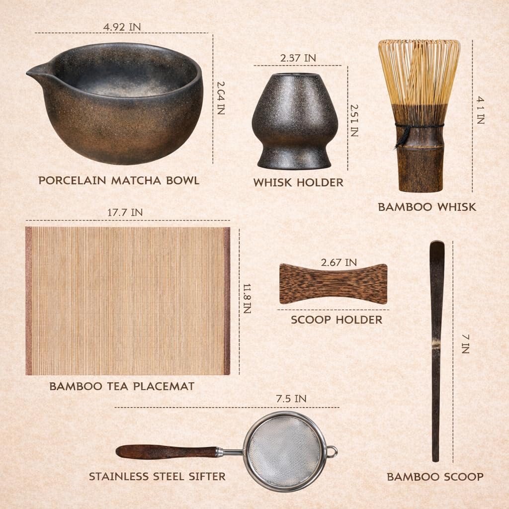 7-Piece Matcha Set with Ceramic Matcha Bowl, Bamboo Whisk (Chasen) & Holder, Sifter, Tea Scoop & Rest, Special Bamboo Tea Mat - Perfect Matcha Kit for Matcha Lovers & Gift Giving, Gilded - Image 4