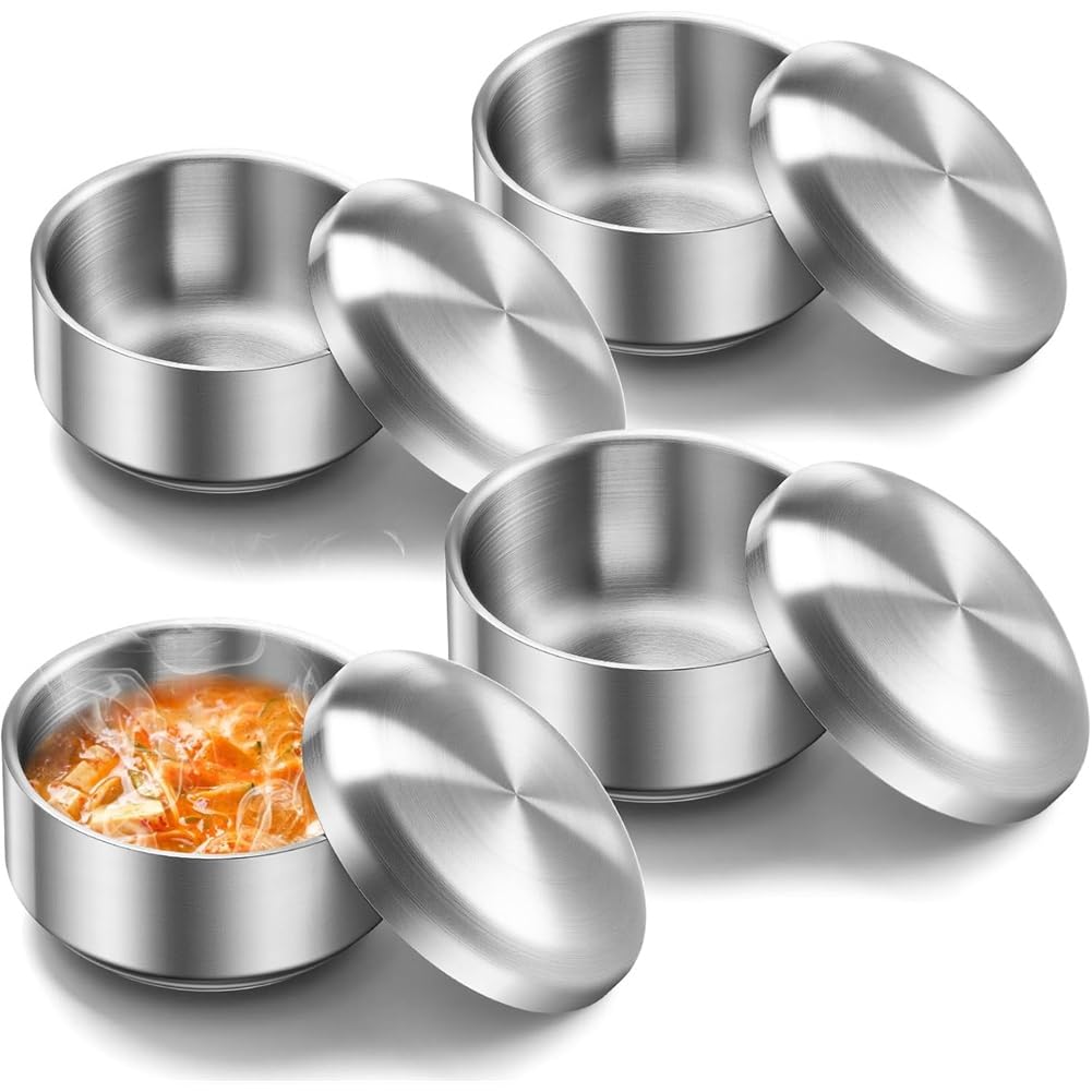 CTRLZS 4pc 12 Oz Stainless Steel Korean Soup Rice Bowl with Lid for Cereal Kitchen Restaurant Double-Walled Anti Scalding Bowls