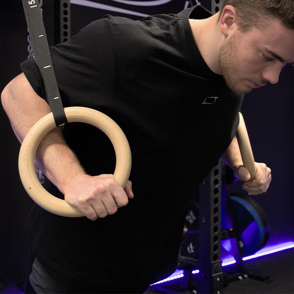 Anneaux Gymnastique et de callisthénie en Bois, entraînement en Suspension, pour la Maison et l'extérieur, Tractions Dips Pull ups, Anneau Musculation pour Entraînement au Poids du Corps