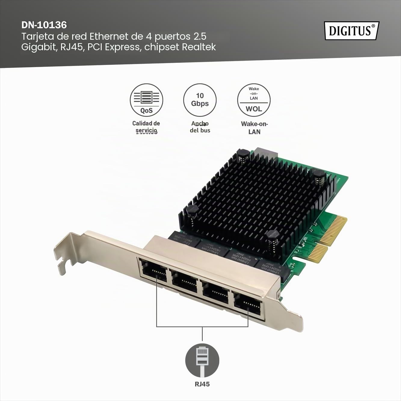 DIGITUS 2.5 Gigabit Ethernet Tarjeta de red de servidor - 4 puertos RJ45 - NIC - RTL8125B - 10/100/1000/2500 Mbps
