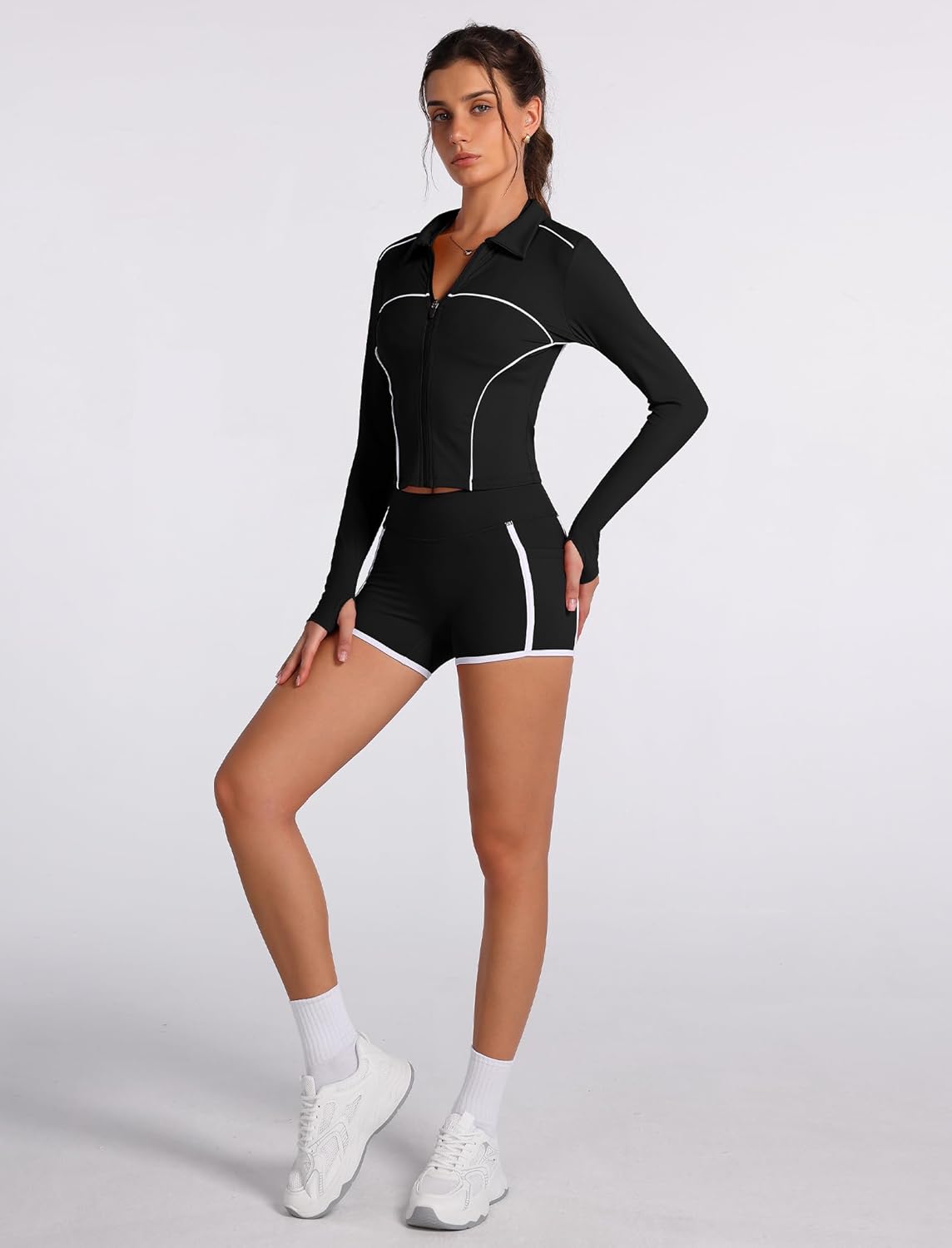 2 Piece Workout Sets for Women Compression Quick-drying Long Sleeve Zip Up Jacket and Shorts Active Jogger Outfits