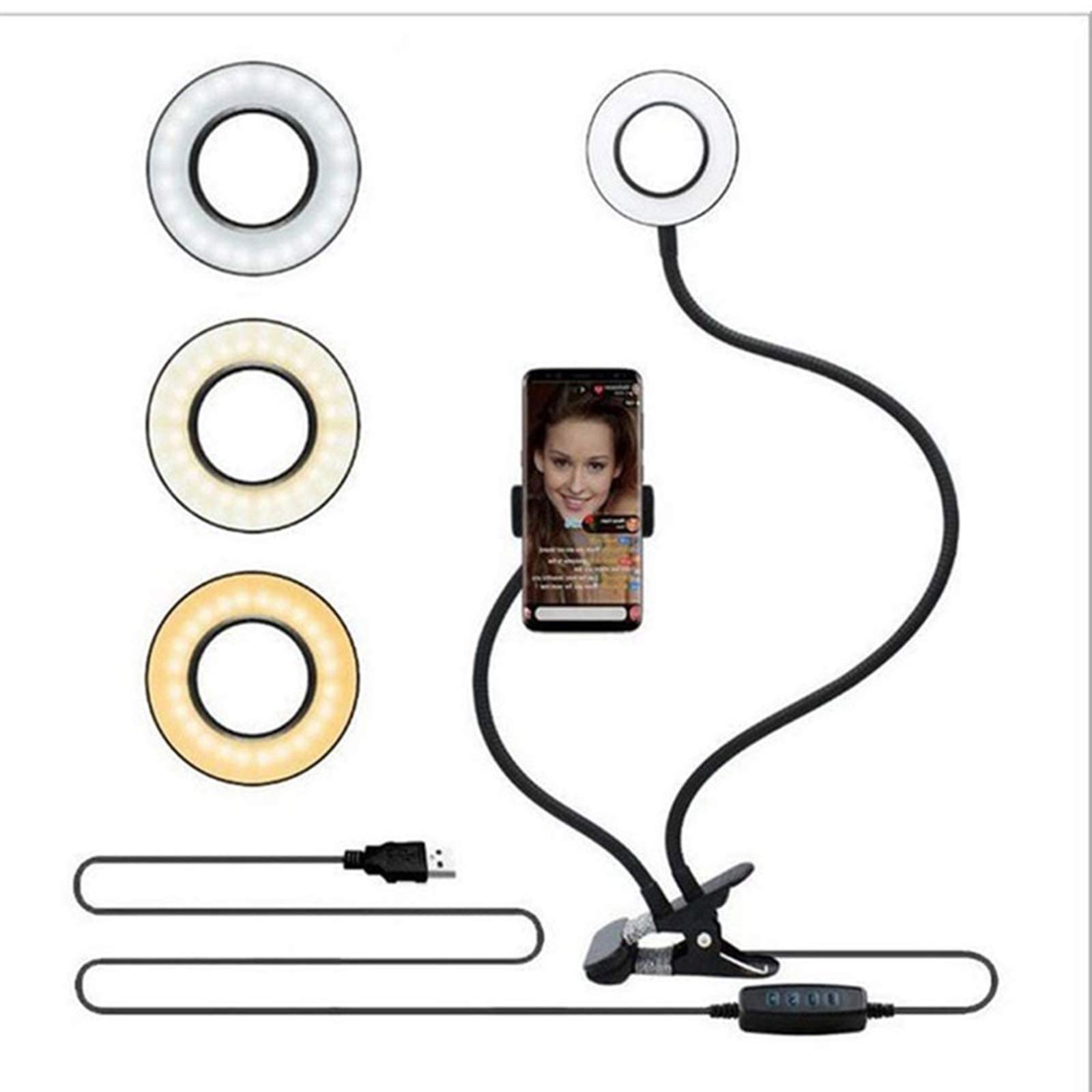 Luce ad Anello LED Ring Light, Lampada Anulare Regolabile 21" Clip per Telefono Flessibile a Collo di Cigno, 3 modalità Colore per Youtube,Trucco, TIK Tok, Fotografia