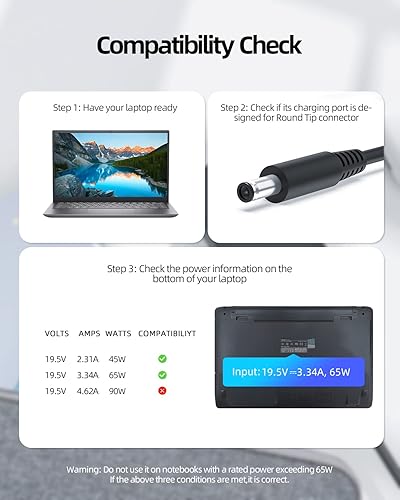 Miniatura 4 de Cargador de CA de 65 W y 45 W apto para Dell Inspiron 13 7000 Series 7373 7573 7773 Cable de alimentación para portátil