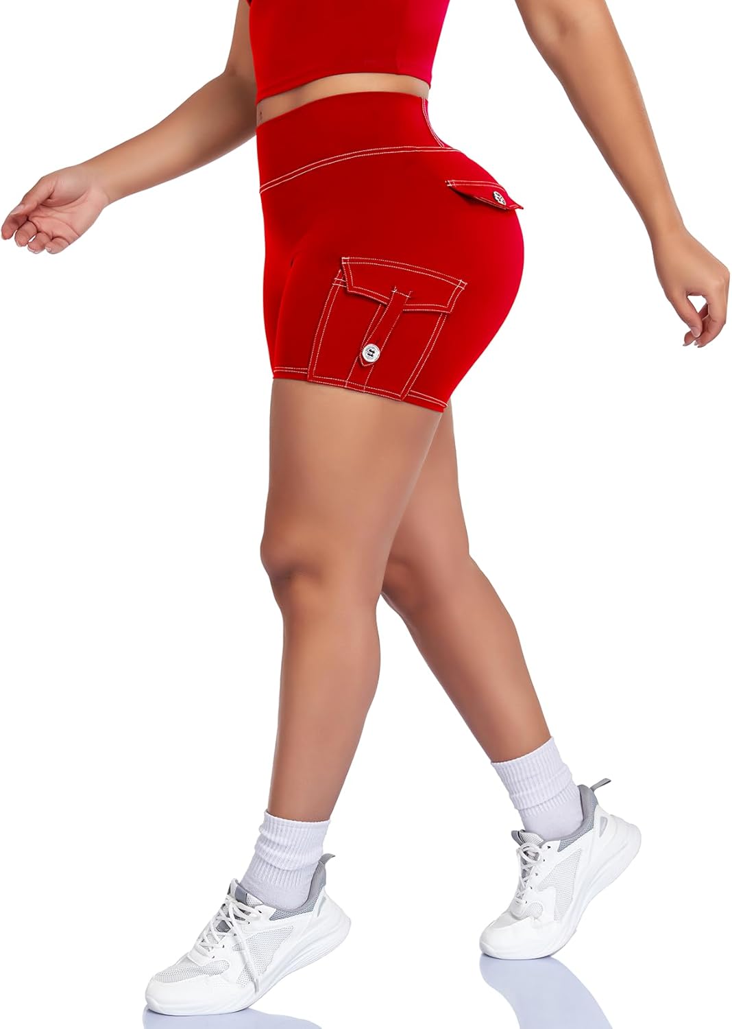 SEASUM Women's 4.5" Booty Lifting Scrunch Shorts One-Sided Cargo Pocket Yoga Denim-Look Bottoms
