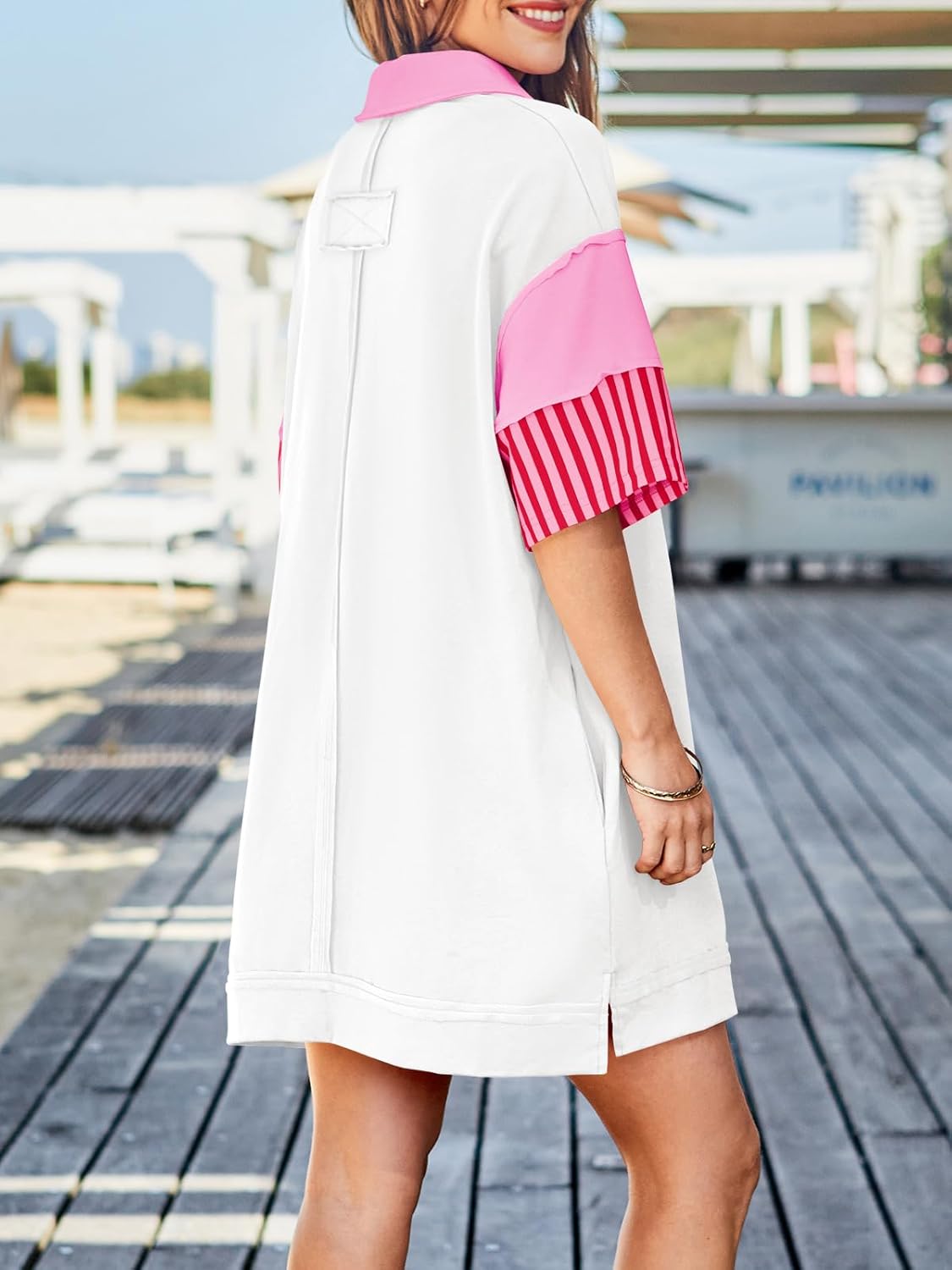 Wenrine Women's Polo V Neck T Shirt Dress Casual Summer Oversized Color Block Short Sleeve Sweatshirt Mini Dresses - Image 4