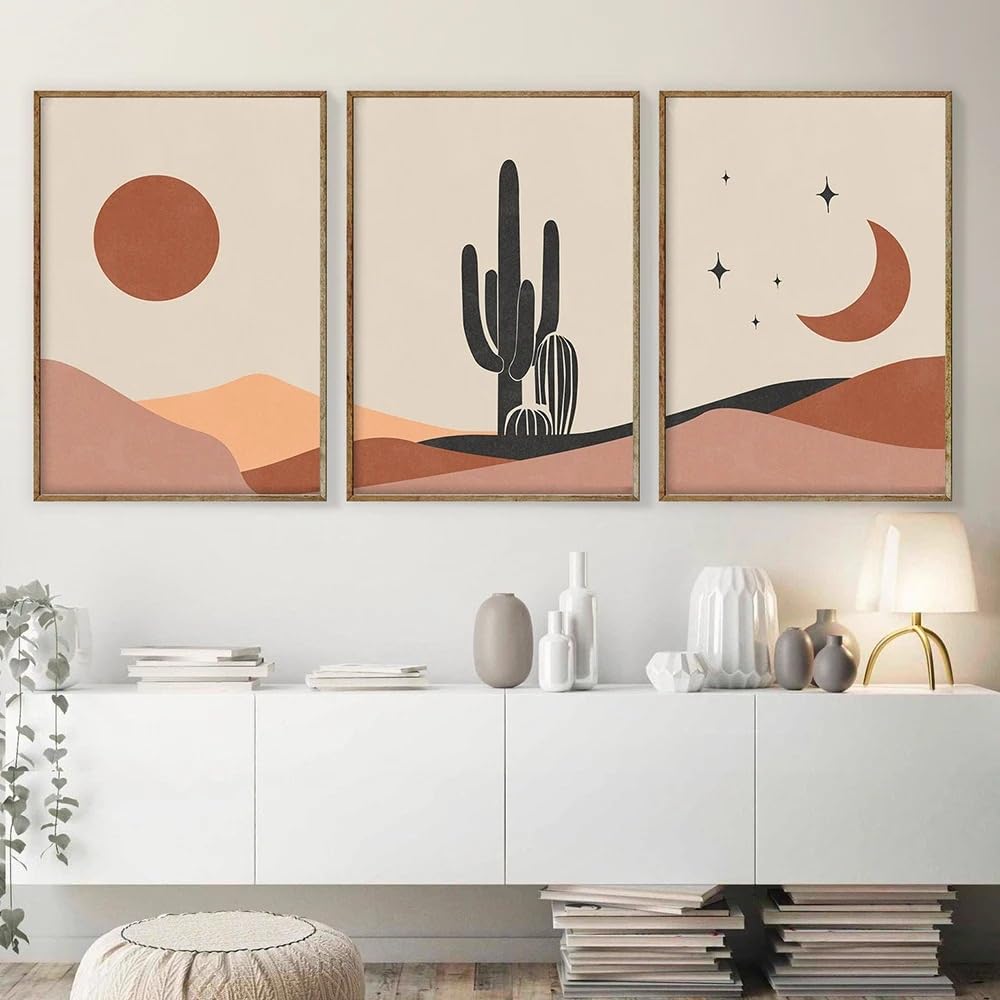 WUHBCZ Wall Posters-Abstract Landscape Sun and Moon Scene Boho Canvas Prints Cactus Wall Art Nordic Desert Wall Picture for Living Room Office Home Decor-40 * 60cm/3PCS (No Frame)