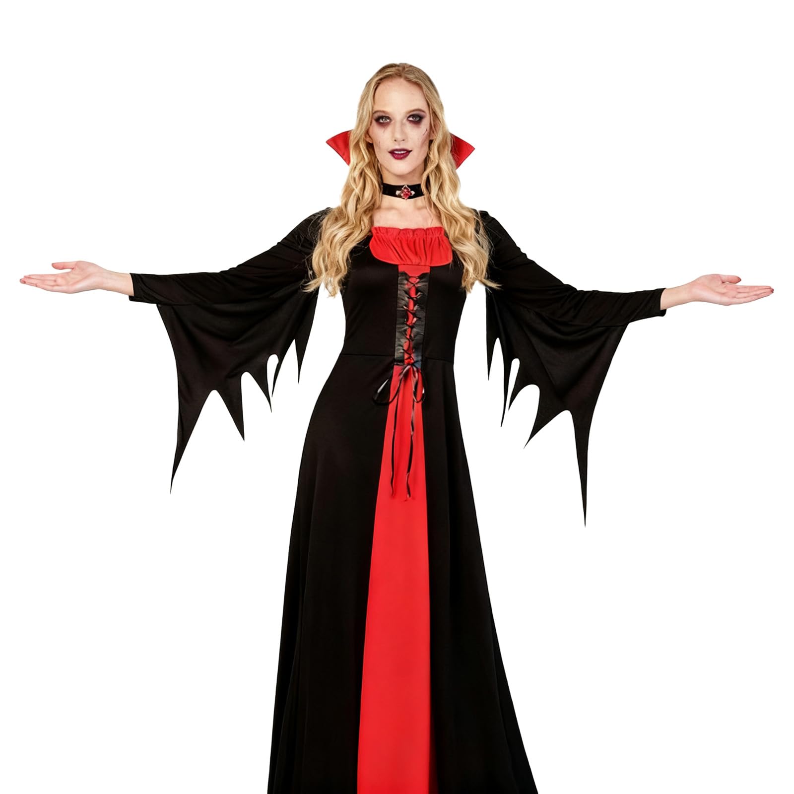 Meriviva Womens Vampire Costume, Halloween Vampire Dress Set including Collar, Witch Costume for Halloween Carnival Party Dress Up (XL)