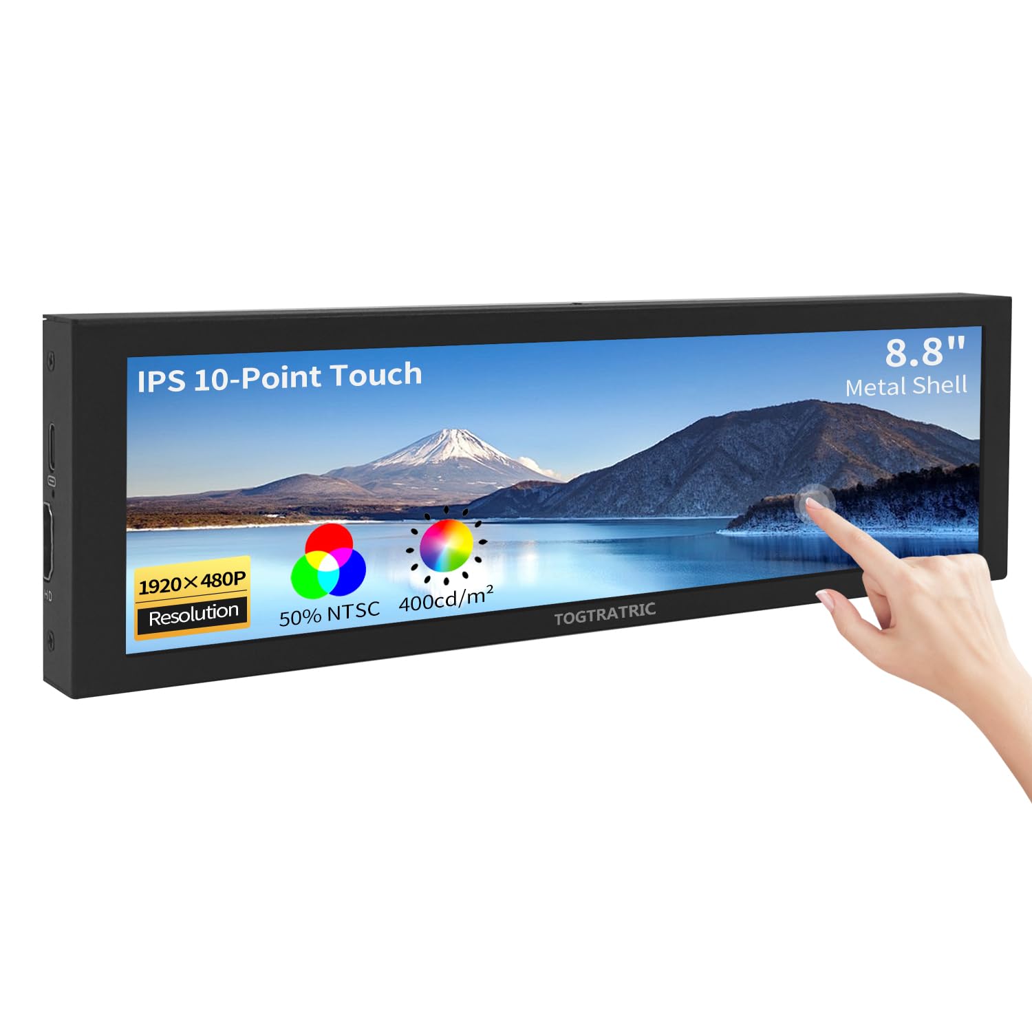 TOGTRATRIC 8.8 Inch Mini Touchscreen Stretched Bar Monitor 1920 * 480, Metal Shell IPS Portable Touch Display, HDMI, USB-C, Small Screen for Raspberry