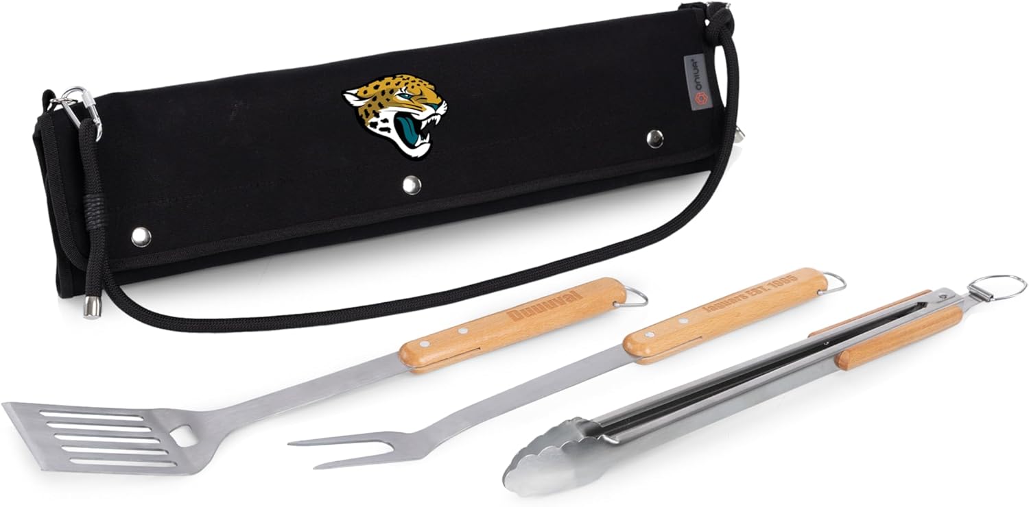 Picnic TIME NFL Jacksonville Jaguars BBQ Roll Up 3 Piece Set, BBQ Accessories with Beechwood Grill Tools, Grilling Accessories for Barbecue, BBQ Grill Set with Canvas Tote Carrier, (Black)