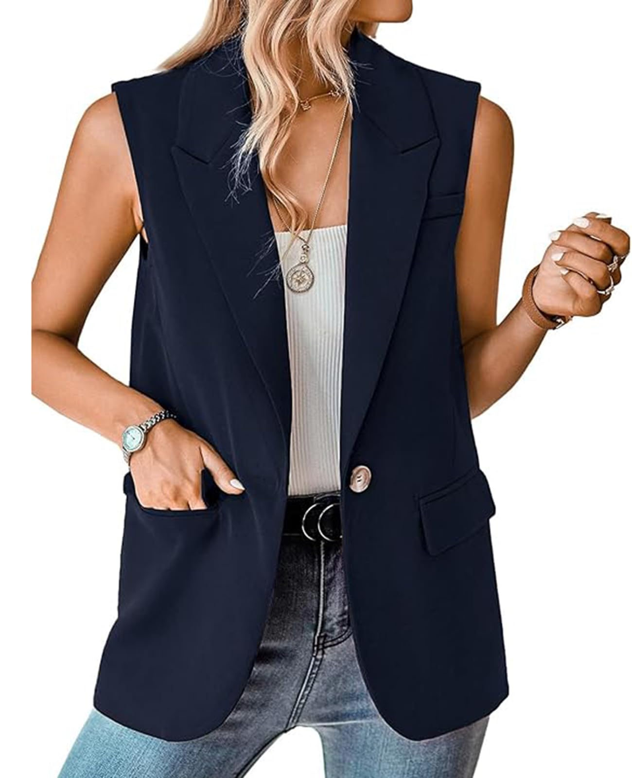 Womens Sleeveless Blazer Vest Lapel Button Lightweight Jacket Casual Summer Work Office Blazers with Pcokets