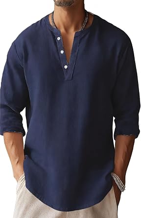 Mens Henley Shirts Summer Casual Button Banded Collar T Shirts Vintage Long Sleeve Cotton Linen Beach Pullover Tops