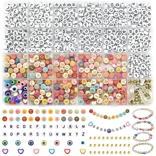 FEMBW Buchstabenperlen für Armbänder 1000 Stück 7mm A-Z Rund Buchstaben Perlen Set mit Liebe und Evil Eye Alphabet Perlen für Armband Haarband Schmuck Basteln