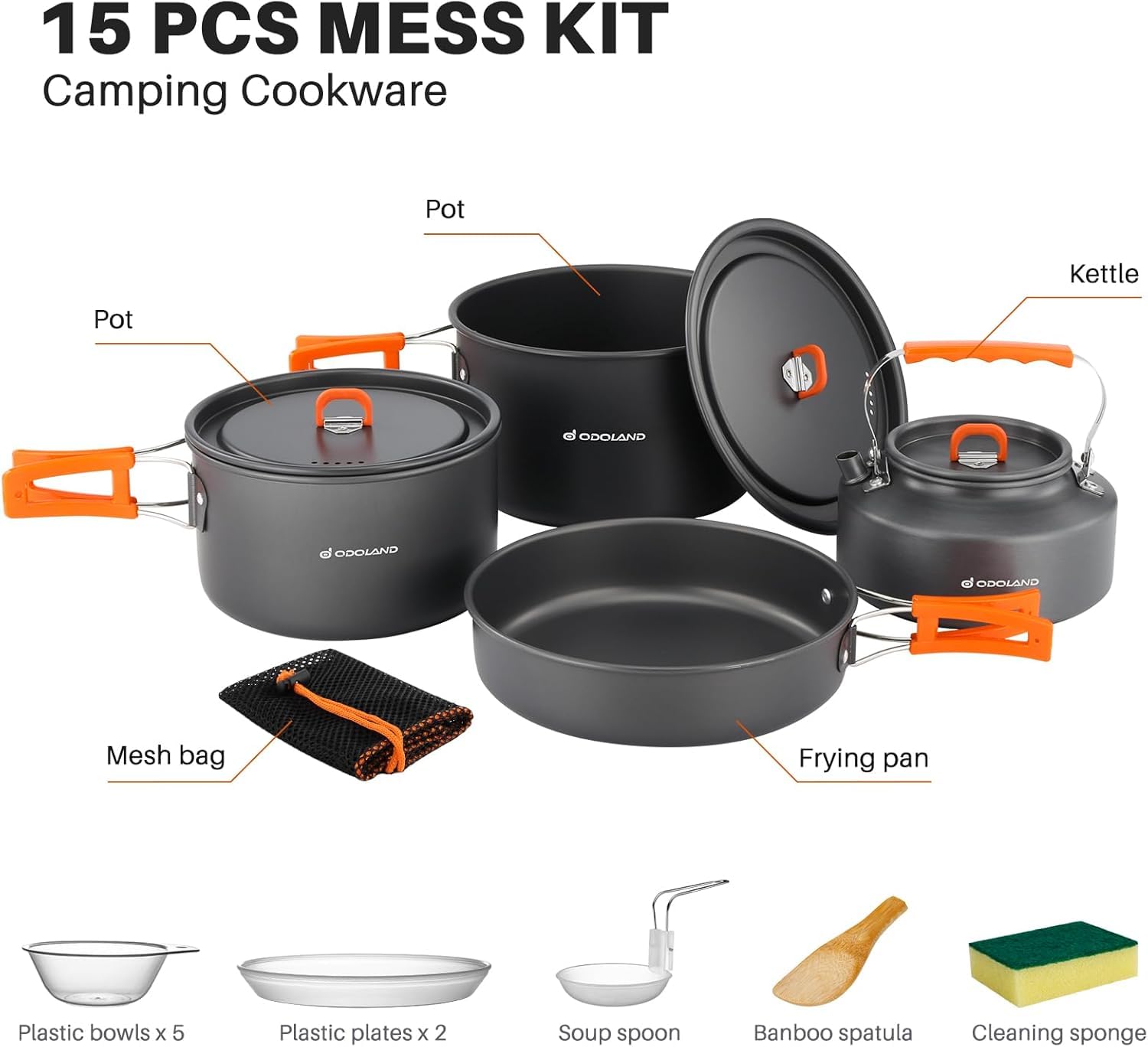 Odoland Camping Cookware Set Non-Stick Lightweight Camping Kettle Pots and Pans Mess Kit with Bowls Soup Spoon for Backpacking, Outdoor Cooking and Picnic for 4-6 People