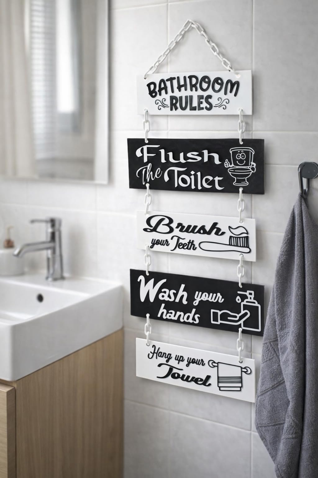 Bathroom Rules Wall Plaque – Black & White 3D Printed Sign – Modern Bathroom Decor – Hanging Bathroom Wall Art – Funny & Stylish Bathroom Sign