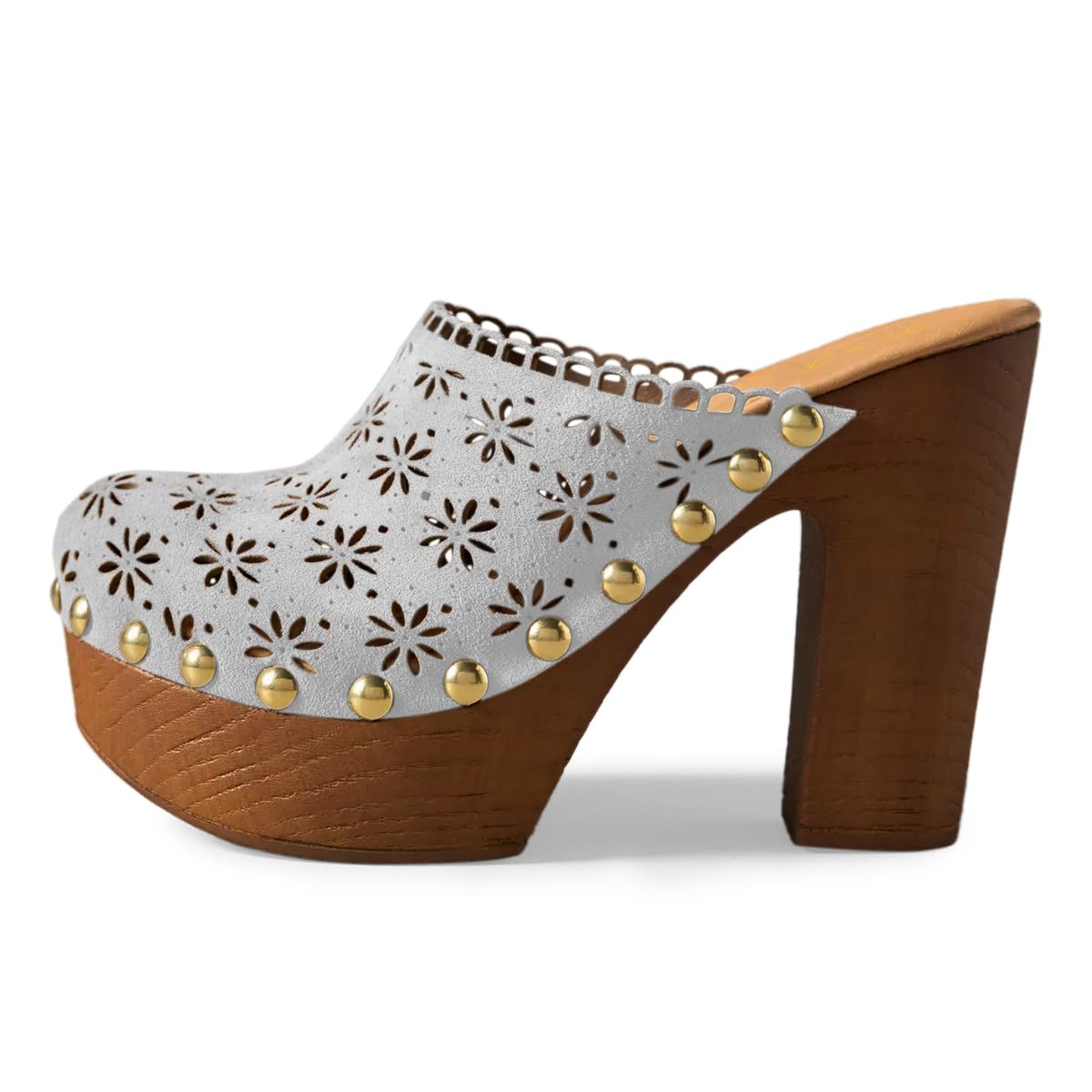 FOWT Women Studded Closed Round Toe Floral Cut Out Backless Platform Mules Chunky Super High Heel Slip on Stylish Dress Club Slide Sandals Size 4-16