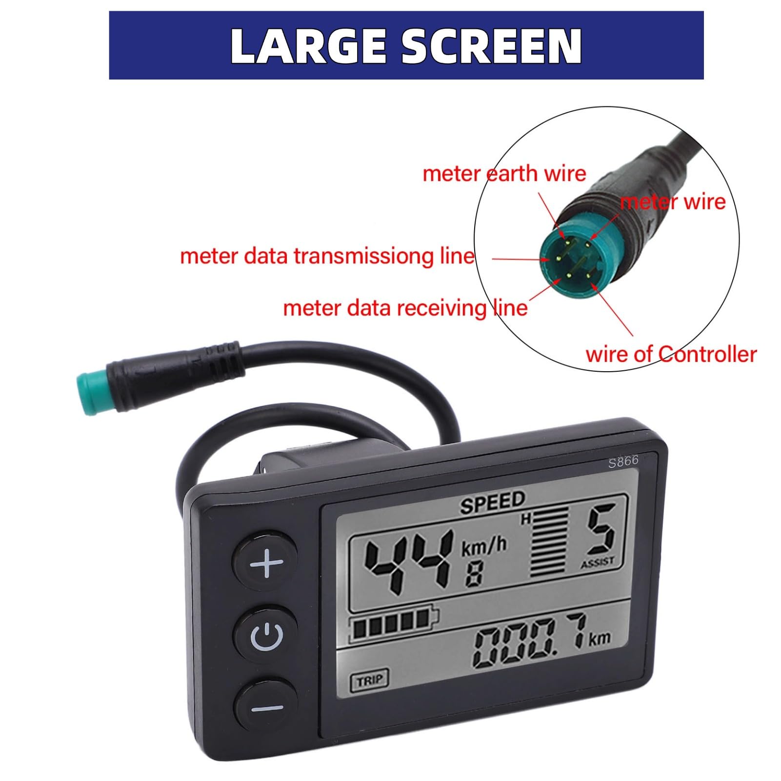 Cuifati S866 Elektryczny Miernik Wyświetlacza LCD, 24 V 36V 48V E Bike LCD Panelu Sterowania z wtyczką wodną, Prędkościomierz Rowerowy Rowometr Elektryczny Rower Elektryczny