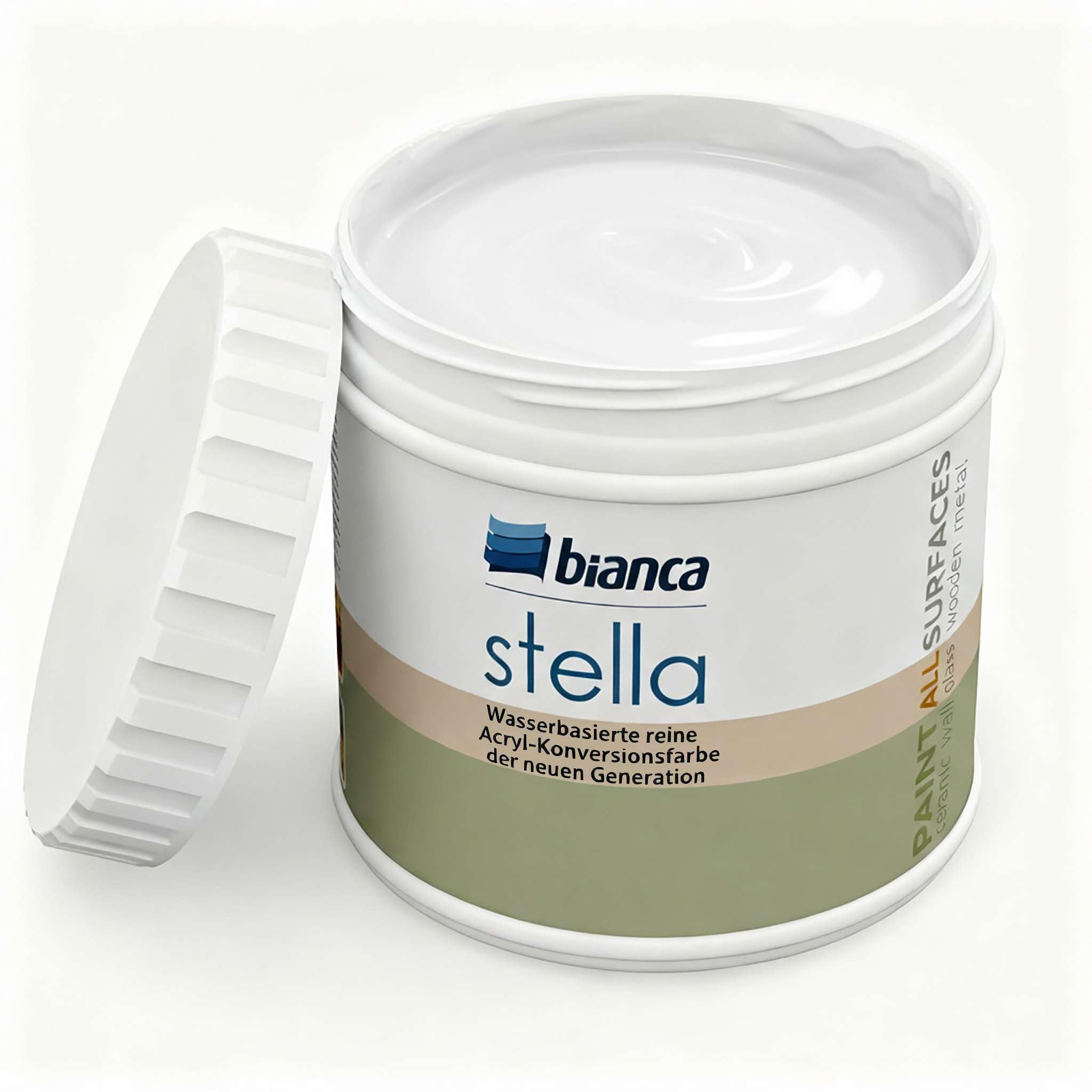 Bianca Stella Universalfarbe Ohne Schleifen - Wasserbasierte Parfümierte Renoiverfarbe für Möbel, Holz, Fliesen, Metall & Kunststoff - Weiß, Glänzend, Kratzfest, Hochdeckend, 500ml
