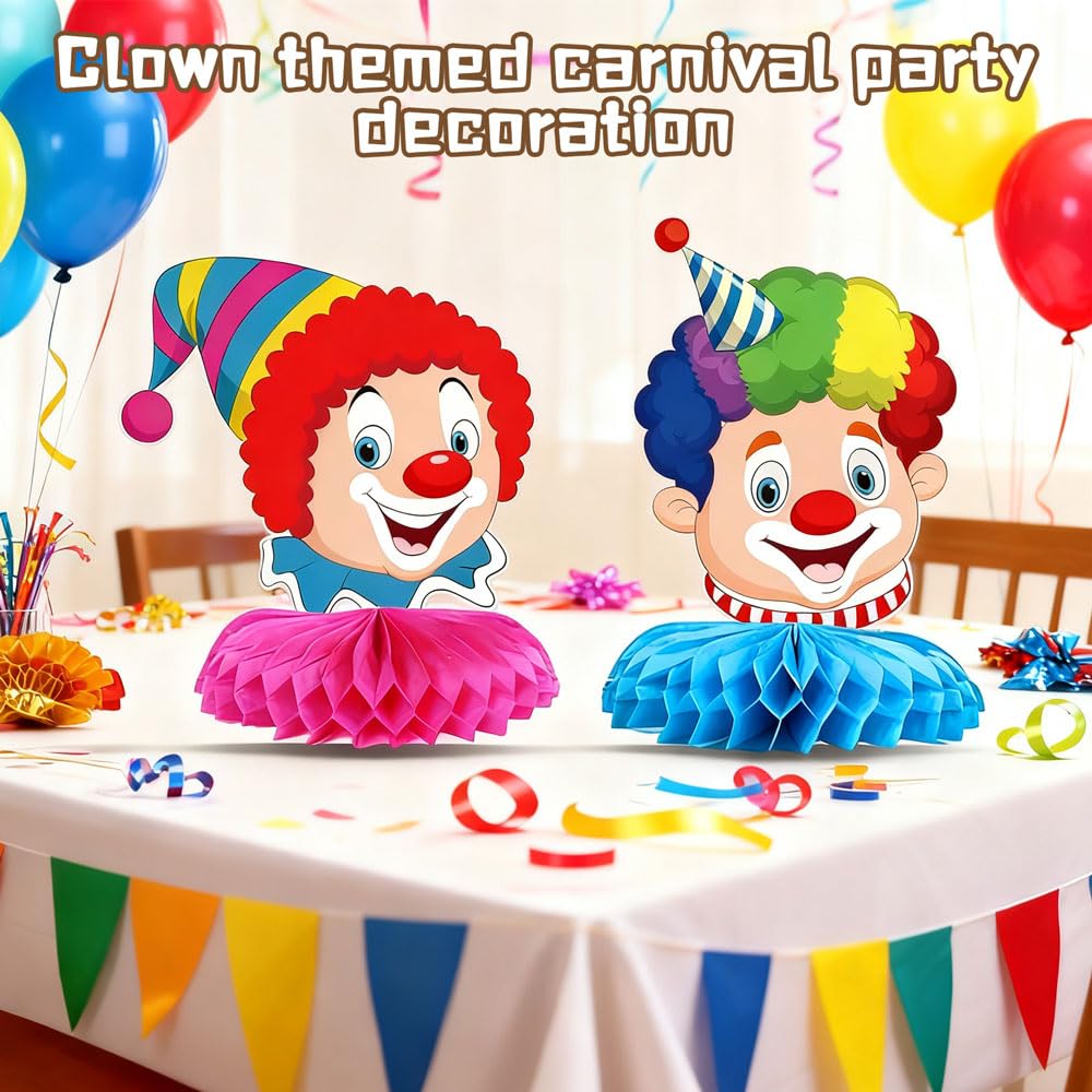 Décoration de Carnaval de Clown, 9 Pièces Décorations de Table Clown, Décoration de Table en Nid D'abeille 3D, Décoration Clownesque Alvéolaire Cirque Animal, pour Carnaval, Anniversaire (6Pcs)
