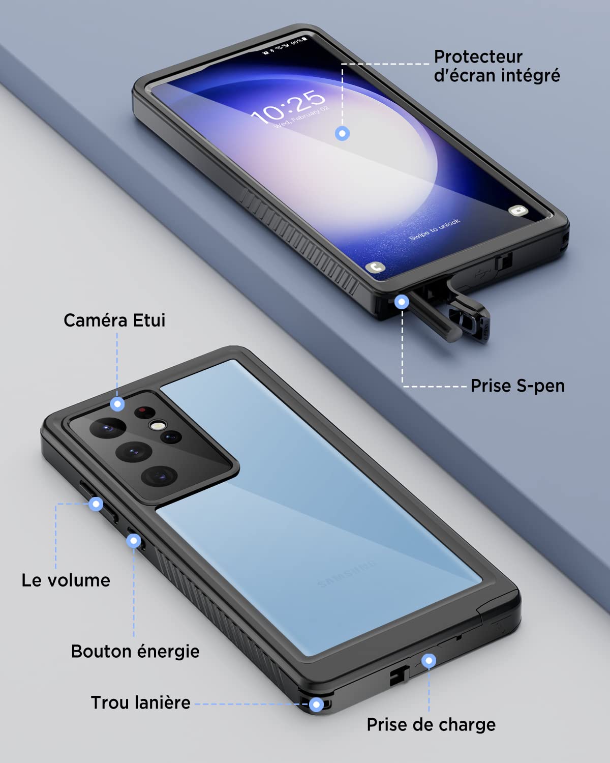 Beeasy Coque pour Samsung Galaxy S23 Ultra 5G – IP68 Étanche + Protection Militaire 360°, Antichoc & Antipoussière, avec Verre Trempé Écran et Caméra – Noir