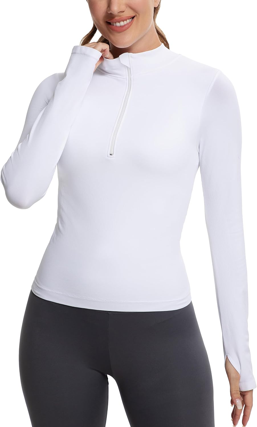 MathCat Half Zip Workout Seamless Shirts for Women Long-Sleeved Yoga Running Breathable Thumb Holes Tops