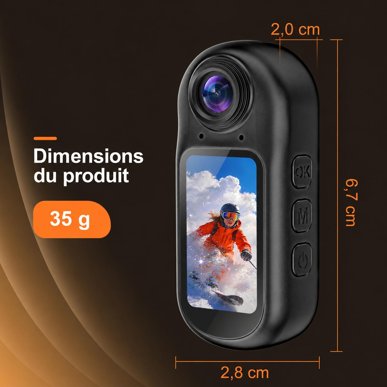 Mini Caméra Sport 4K 30FPS, Photos 64 MP, WiFi, Bluetooth, EIS 6 axes | Écran HD 1,5", Carte U3 32 Go, 35 g, Autonomie 130 min, Boîtier étanche 30 m et Kit Casque/Vélo.