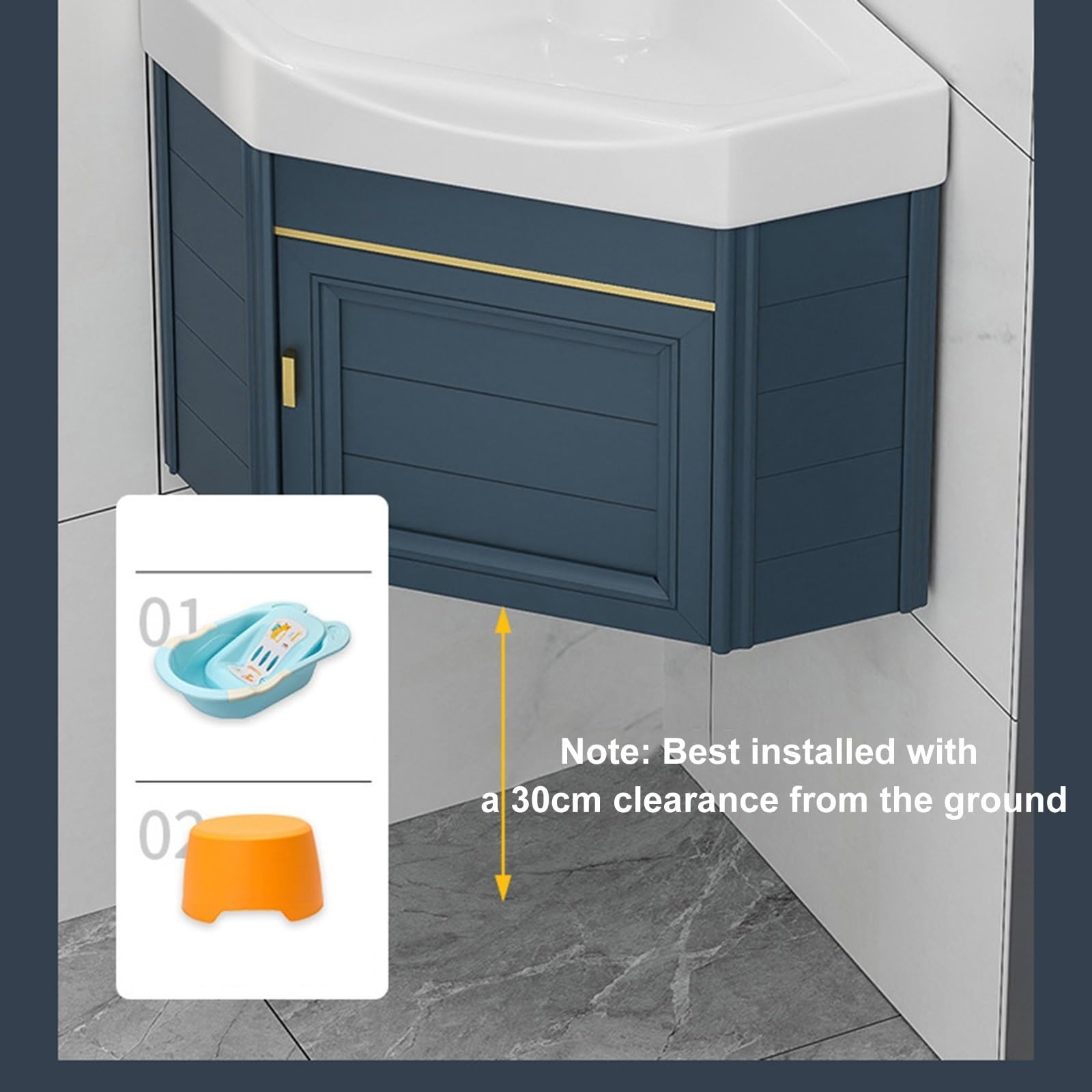 SDdPulse Armadietto da bagno moderno ad angolo con lavabo a parete e rubinetto caldo e freddo, grande spazio per piccoli spazi, ideale per la cucina di casa o P, bianco, 43 cm