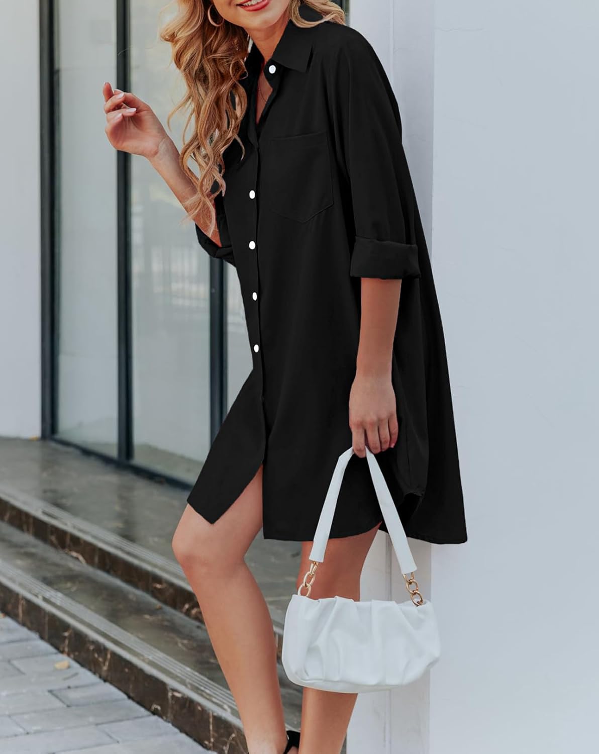Choichic Button Down Shirt Dress for Women with Pockets Collared Long Sleeve Tunics Blouse Tops - Image 3