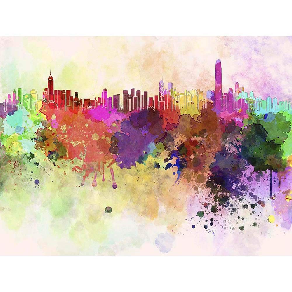 Wee Blue Coo Painting Abstract Cityscape Hong Kong Paint Splash Skyline Art Print Poster Wall Decor 12X16 Inch