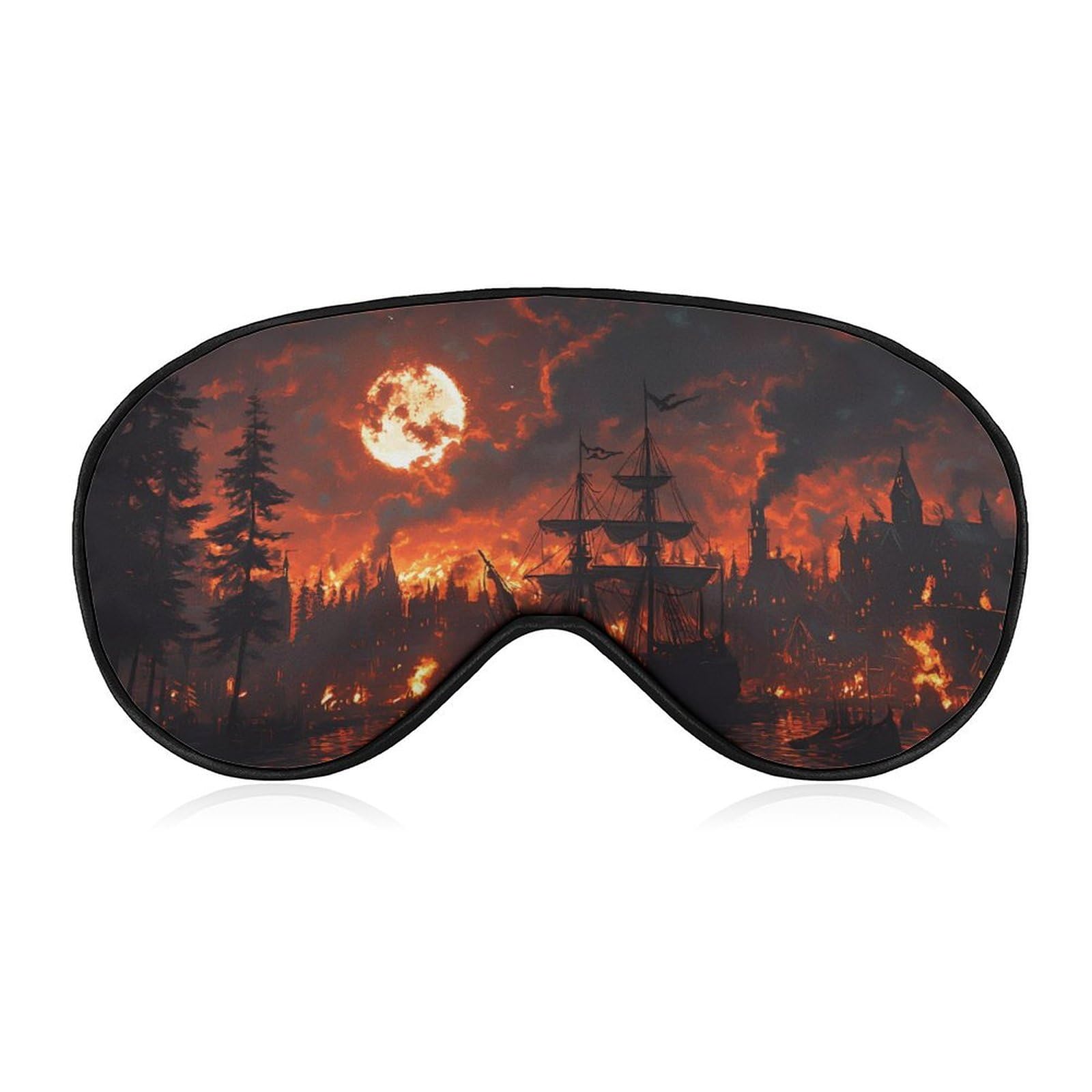 Burning Harbor Blood Moon Ship Sleep Mask Eye Shade Cover Adjustable Strap for Travel Lunch Break Women Men