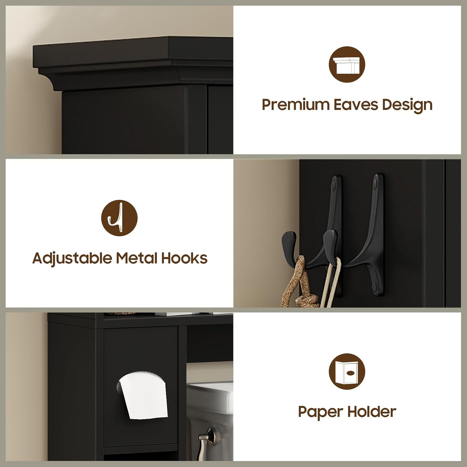 Halitaa Over The Toilet Storage Cabinet, Bathroom Shelf Over Toilet with Hammered Grain Glass Doors and Adjustable Shelves, Modern Space Saving Rack Cabinet for Bathroom, Laundry (Simple Black)