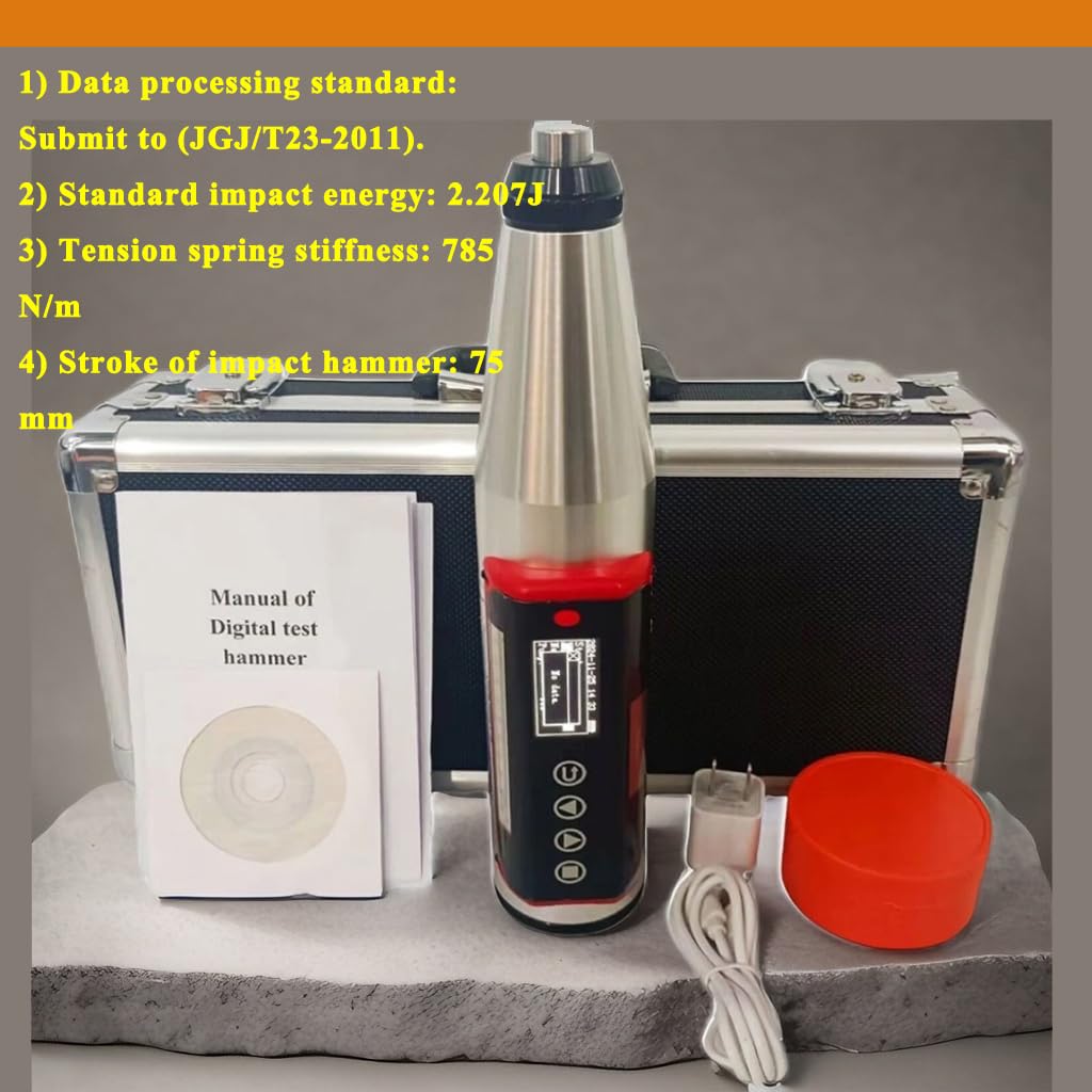 Digital Concrete Rebound Test Hammer Concrete Strength Tester Concrete Tester with OLCD Display 200 Groups Storage ASTM C805 Standard USB Communication Port