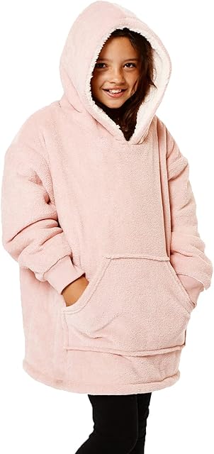 Sienna Kids Oversized Hoodie Blanket Ultra Soft Plush Wearable Sherpa Fleece Warm Throw Blanket Cosy Sweatshirt, Kids - Blush Pink