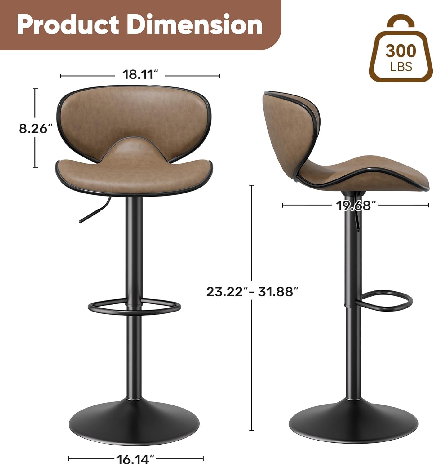 Bar Stools Set of 2, 360° Swivel Counter Height Barstools Adjustable Height, Leather Upholstered Bar Chair with Backrest and Footrest for Bar, Kitchen, Dining Room Brown