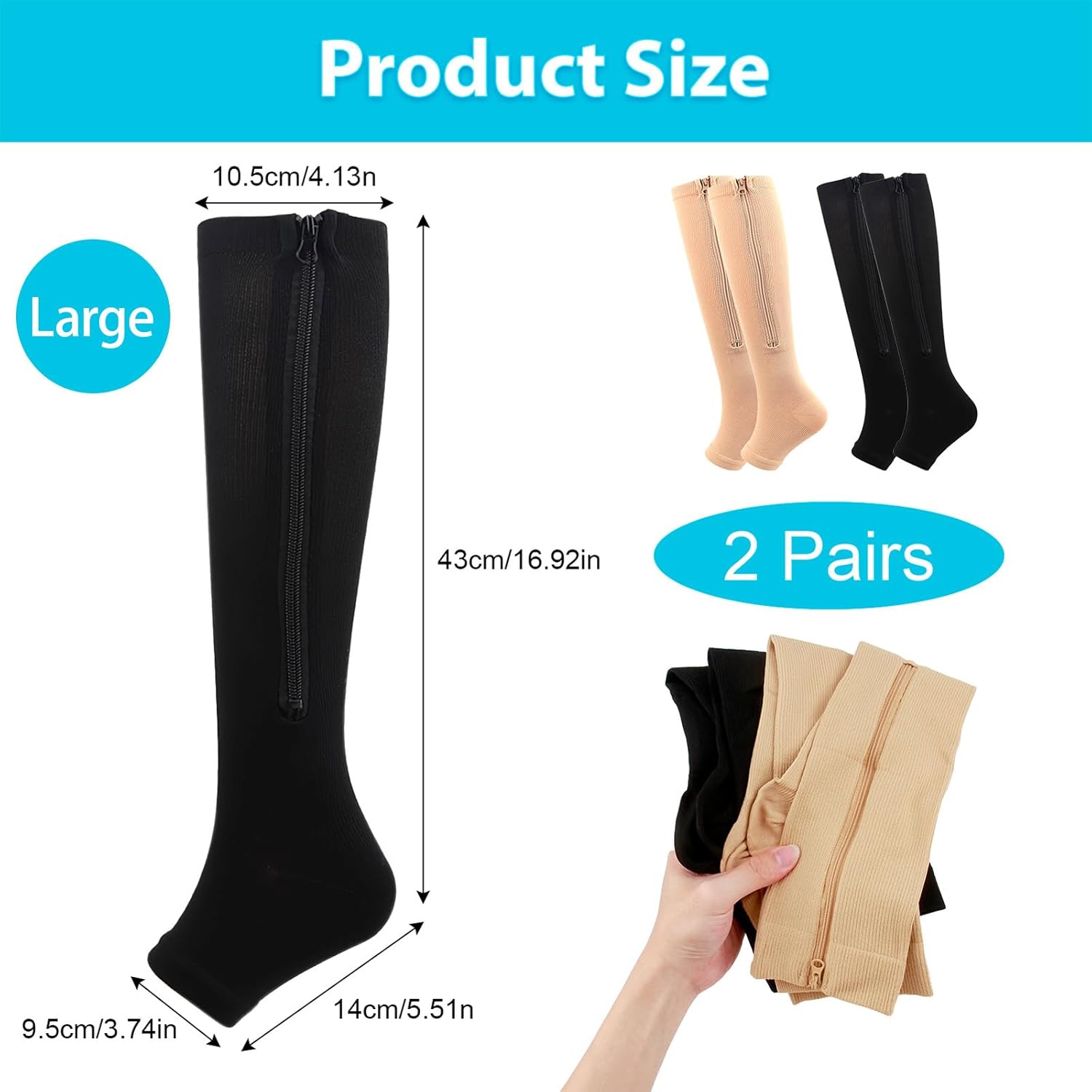 2 Pairs Zipper Compression Socks for Men Women, 15-20mmHg Open Toe Compression Stockings with Zippers - Image 2