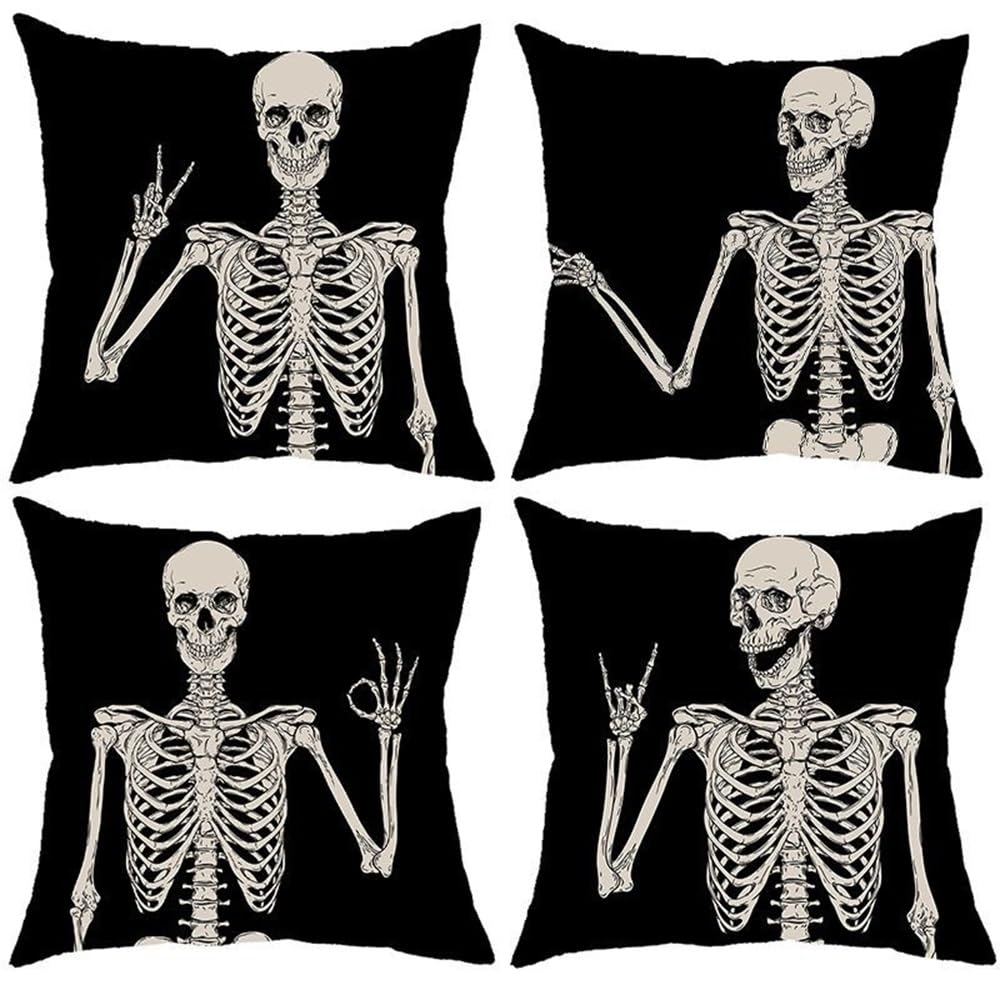 PRK 14 4 pcs Halloween Black Cushion Covers Skeleton Bones Gothic Pillow Throws for Livingroom Bedroom Couples Sofa Horror Scary Pillowcase Set 45 x 45cm