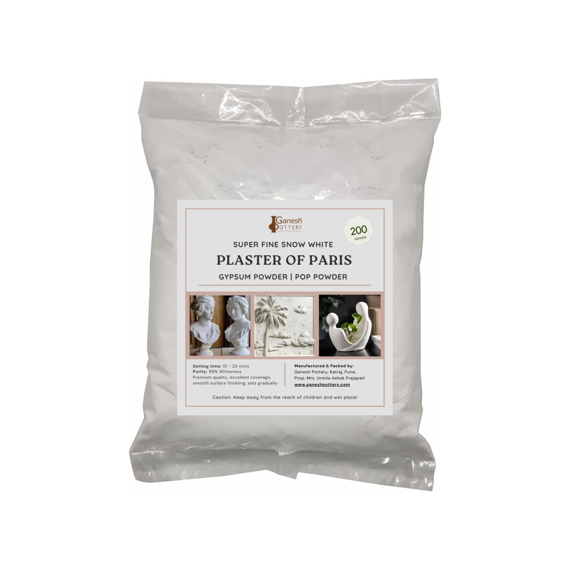 Plaster of Paris (POP / Gypsum powder) for art and craft, White powder for Sculptures, pot, Ganesha Mould Making, Making Idols Moulds, Hand Casting, White Sancha for Fine Detailing (200 gm)