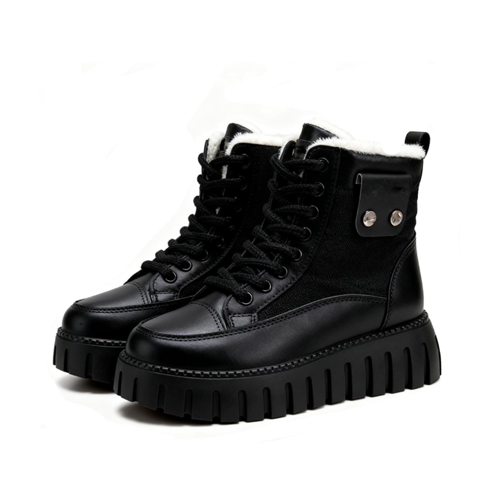 Womens Platform High Top Winter Sneakers Slip-on Leather Faux Fur Lined Anti Slip Lightweight Shoes Lace-Up Ankle Snow